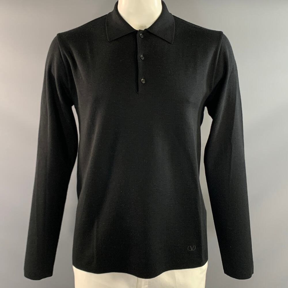 VALENTINO Size XL Black Knitted Wool Polo Pullover